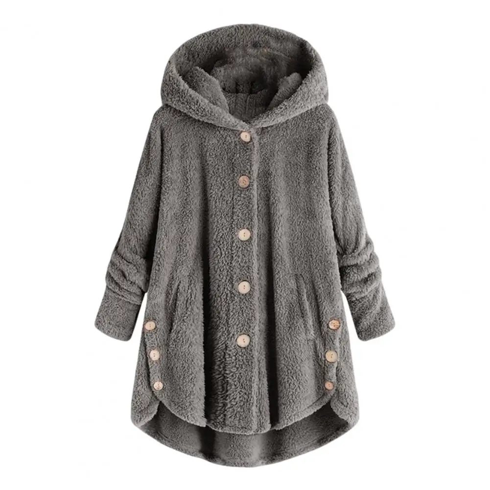 Loose-fitting Women Jacket Women Plush Coat Stylish Women's Plush Hooded Coat with Side Buttons Pockets Casual Mid-length for A