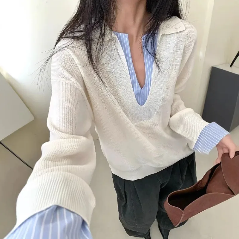 Loose Casual Striped Color-blocking Pullover with A Trendy Patchwork Knitted Sweater for Early Autumn Is Fashionable Versatile.