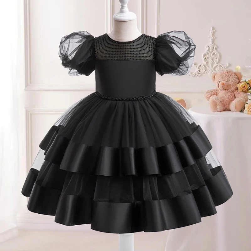 Black Girls Party Dresses Beading Children Christmas Costume Tulle Tutu Princess Dress Elegant Kids Girl Birthday Wedding Gown