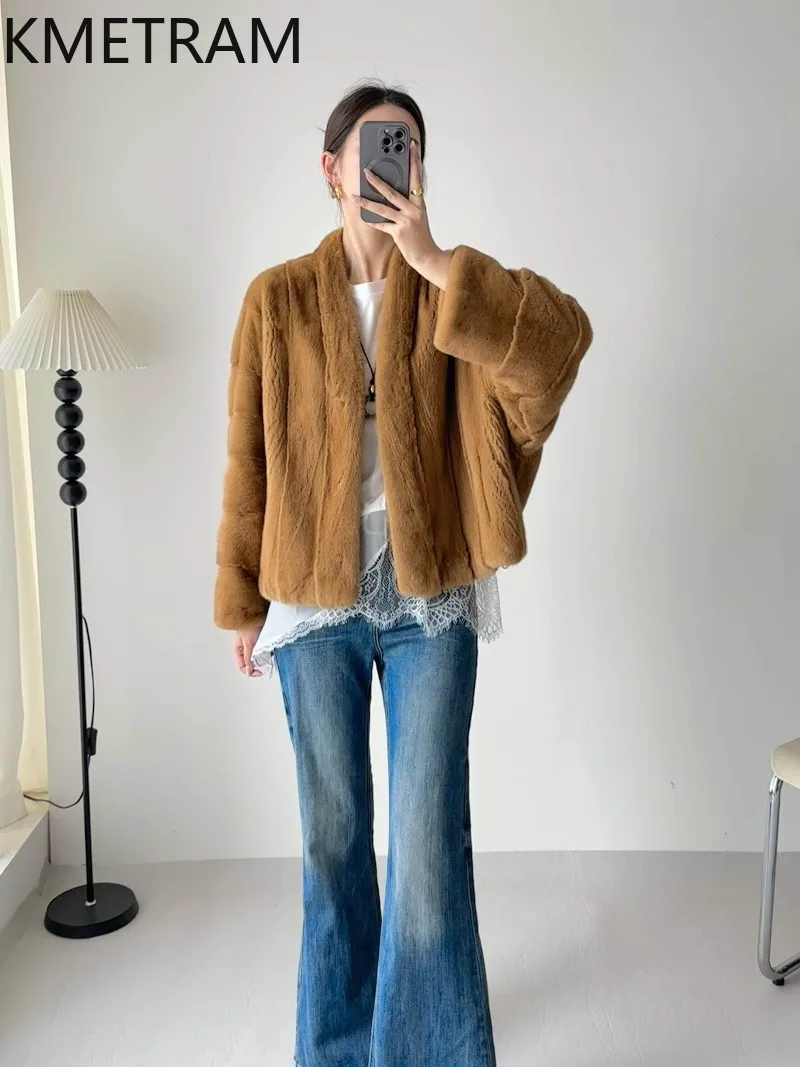 KMETRAM Real Mink Fur Jacket Women 2026 New Vintage V-neck Fur Coat Women Short Winter Coat Women Fur Overcoat Roupas Femininas