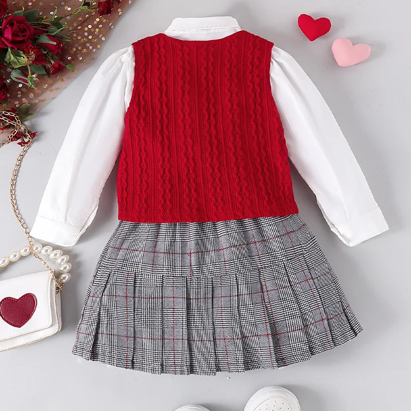 Euro-America Style Girls Suits New Knitted Sweaters Vests Long Sleeve Shirts Plaid Short Skirts College Style Three Piece Set