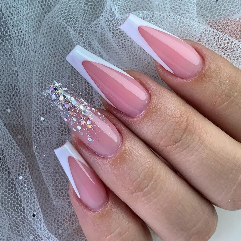 

French White Border Simplicity Long Ballet Pink Transparent Sparkling Powder Coquette Gel False Nails Fake Fashion Nail Art