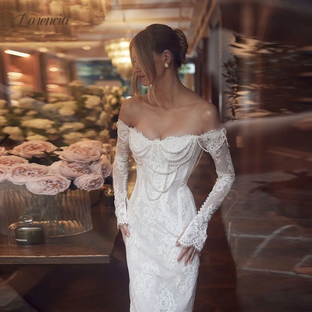 Lorencia Luxury Lace Mermaid Wedding Dresses Off the Shoulder Long Sleeves Trumpet Bridal Gowns Customized Fitted Bride Dresses
