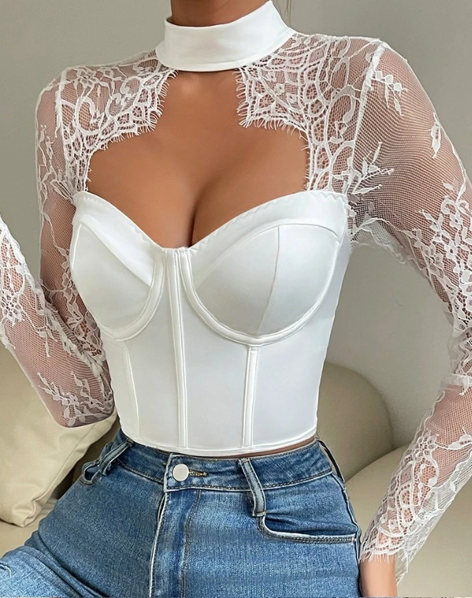 

Fashion Women Crop Tops Mock Neck Eyelash Lace Patch Long Sleeve Fishbone Corset Skinny Cutout Top Casual Solid Color Blouse Top