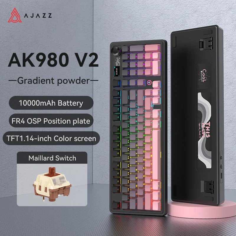 AJAZZ AK980 V2 Three-mode Wired Mechanical Keyboard Hot-swappable Gasket RGB Low-noise Ergonomic Office Gaming Keyboard