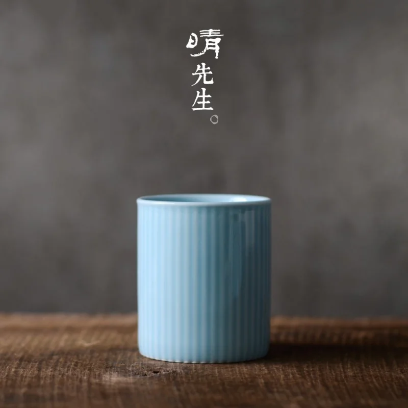 ★Jingdezhen Ceramic Misty Blue Stripe Cup Small Capacity Mug Solid Color Water Cup Hand-Held Handy Office Cup Tableware Set
