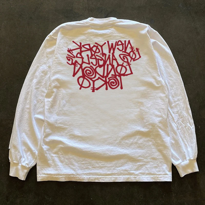 Pure Cotton 300g Heavyweight Long Sleeve T-Shirt American Retro Oversize Lettering Loose Fit Base Layer Clothing