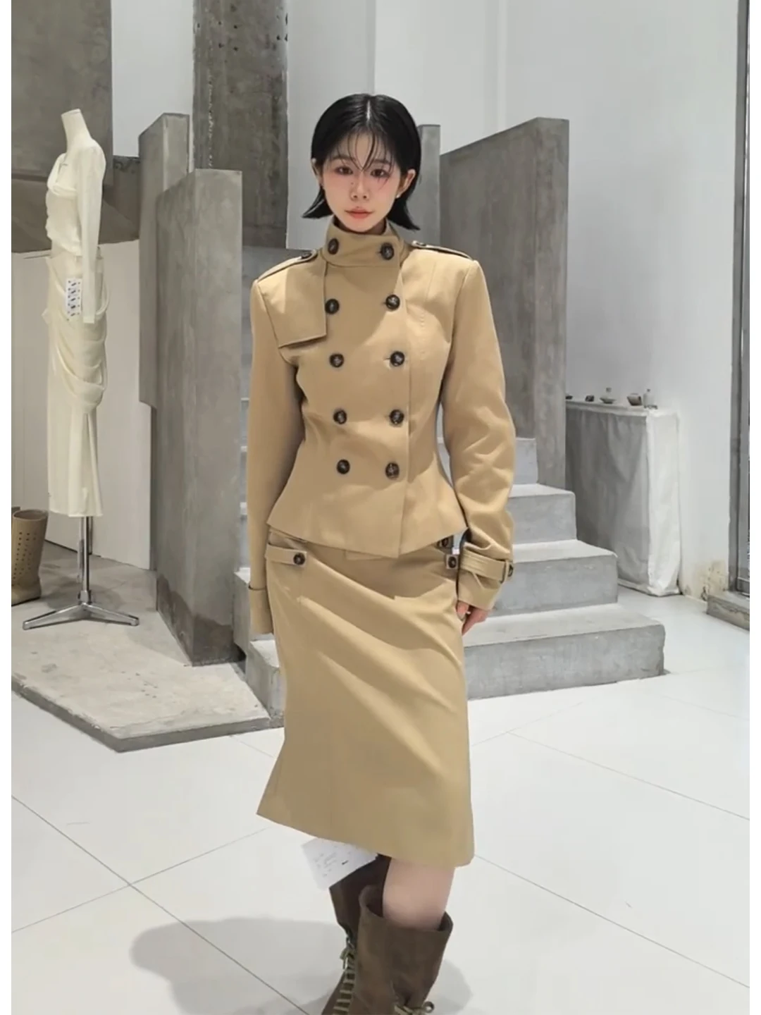Fashionable Commute Set Women's Autumn 2026 High Waist Belted Double Breasted Jacket Midi Skirt Two Piece Set Casual Style