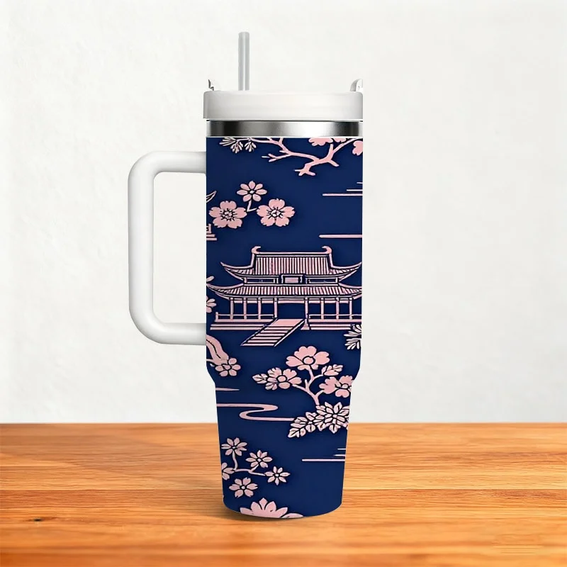Stainless Steel 40Oz Insulated Tumbler, East Asian Pagoda And Cherry Blossom Digital Print Pattern on Dark Blue Base, Reusable Thermal Water Cup for Cold And Hot Drinks, Ideal for Daily Commute And Outdoor Use