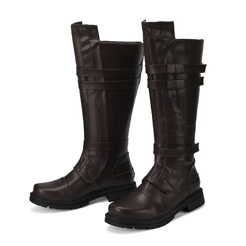 Women Renaissance Knight Boots Round Head Low Heel Knee Boots Leather Pirate Cosplay Boot Halloween Costume Shoes   Belt buckle image 6