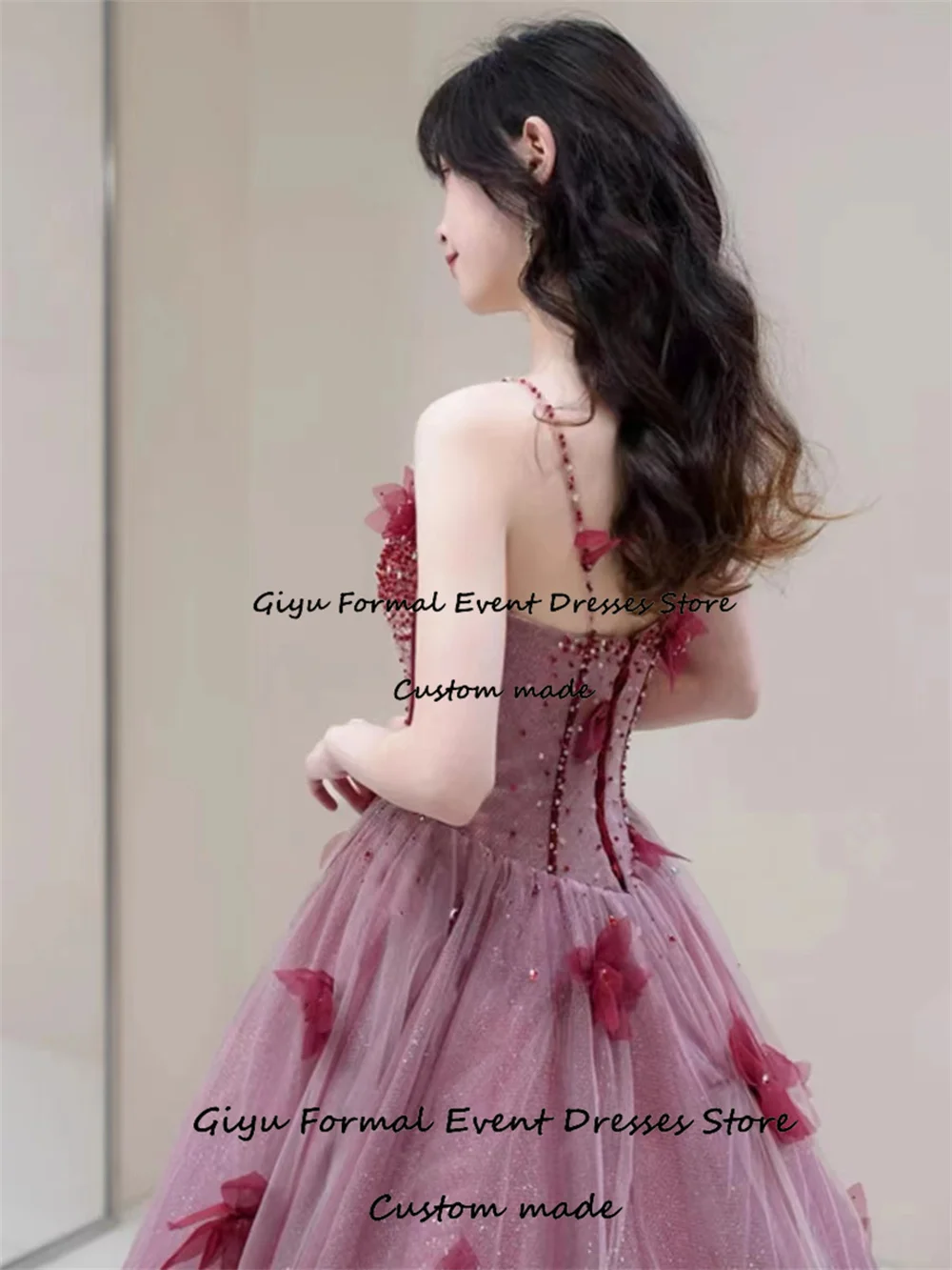 Giyu Fairy 3D Followers Evening Gown Dress Shining Spaghetti Strap Floor-Length Wedding Party Dress Graduation Dress