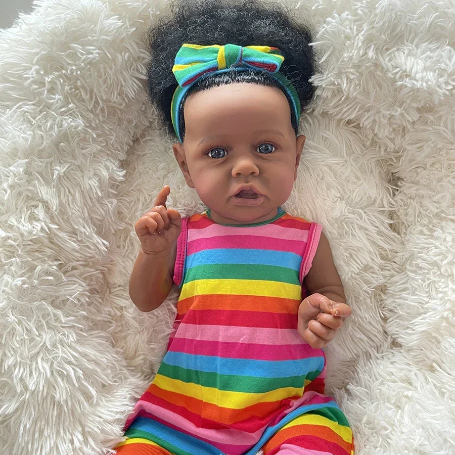 58CM Full Body Silicone Saskia African American Black Skin Baby Reborn Finished Doll with Hand-rooted Hair Same As Photo