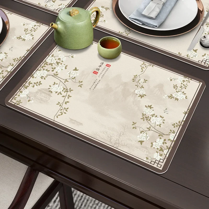 Traditional Chinese Painting Leather Placemat Modern Elegant Waterproof Oilproof Heat Resistant Table Mat PVC Heat Insulated Pad