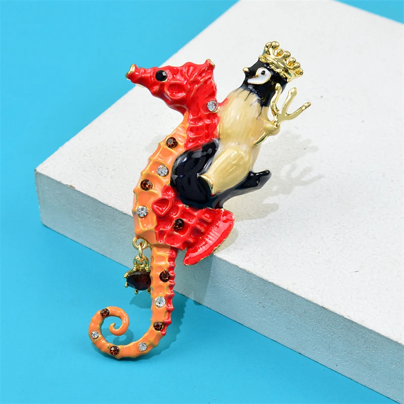 Cute Seahorse Corsage Cartoon Penguin Brooch Dripping Oil Rhinestone High-grade Pin Alloy Pendant Animal Brooches