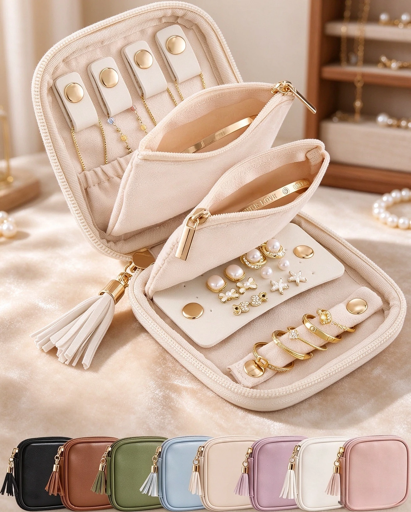 Lolalet Cream White Mini Jewelry Case, Soft PU Leather Travel Jewelry Pouch, Compact Jewelry Storage Organizer for Women
