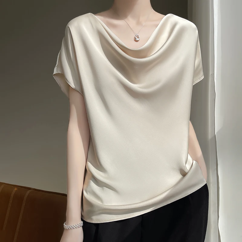 

Women's satin silk short sleeve T-shirt loose silk-slip pleated solid color blouse 2024 new model