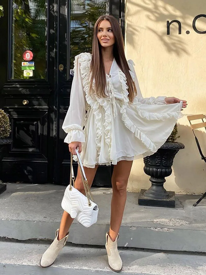 MSCSZ Abiti a maniche lunghe con lacci sul davanti Mini abito da donna con volant a strati Eleganti abiti da festa corti bianchi da ballo