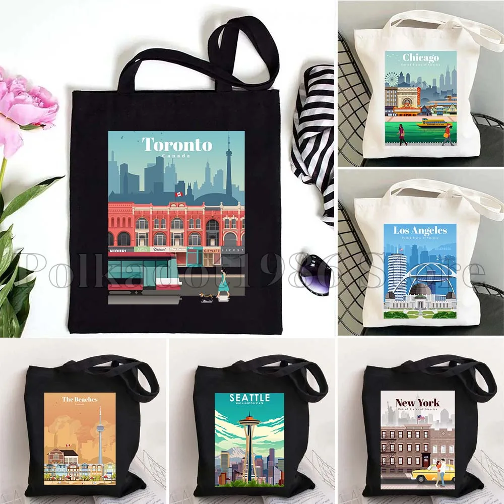 

Toronto Chicago Seattle Phoenix New York San Francisco Austin Las Vegas Los Angeles Miami Seattle Print Canvas Tote Bag Handbag
