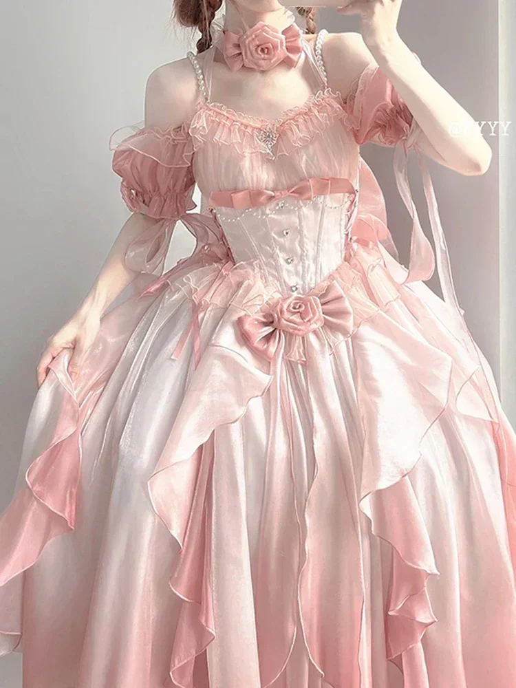 Sweet Girl Pink Princess Dress Lolita Dress Elegant Off-Shoulder High Waist Slim Gradient Color Sexy Dress Birthday Dresses