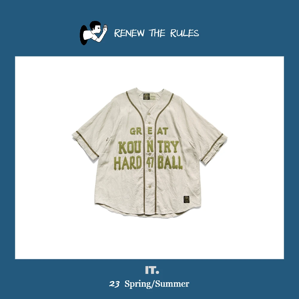 

KAPITAL 23SS Japanese Style Casual Cotton Linen Embroidered Letter Loose Button Short Sleeve Shirt Youth Summer Breathable