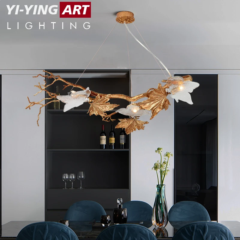 copper living room pendant lamp Modern simple dining room Crystal lamp Maple leaf study Bedroom lamp