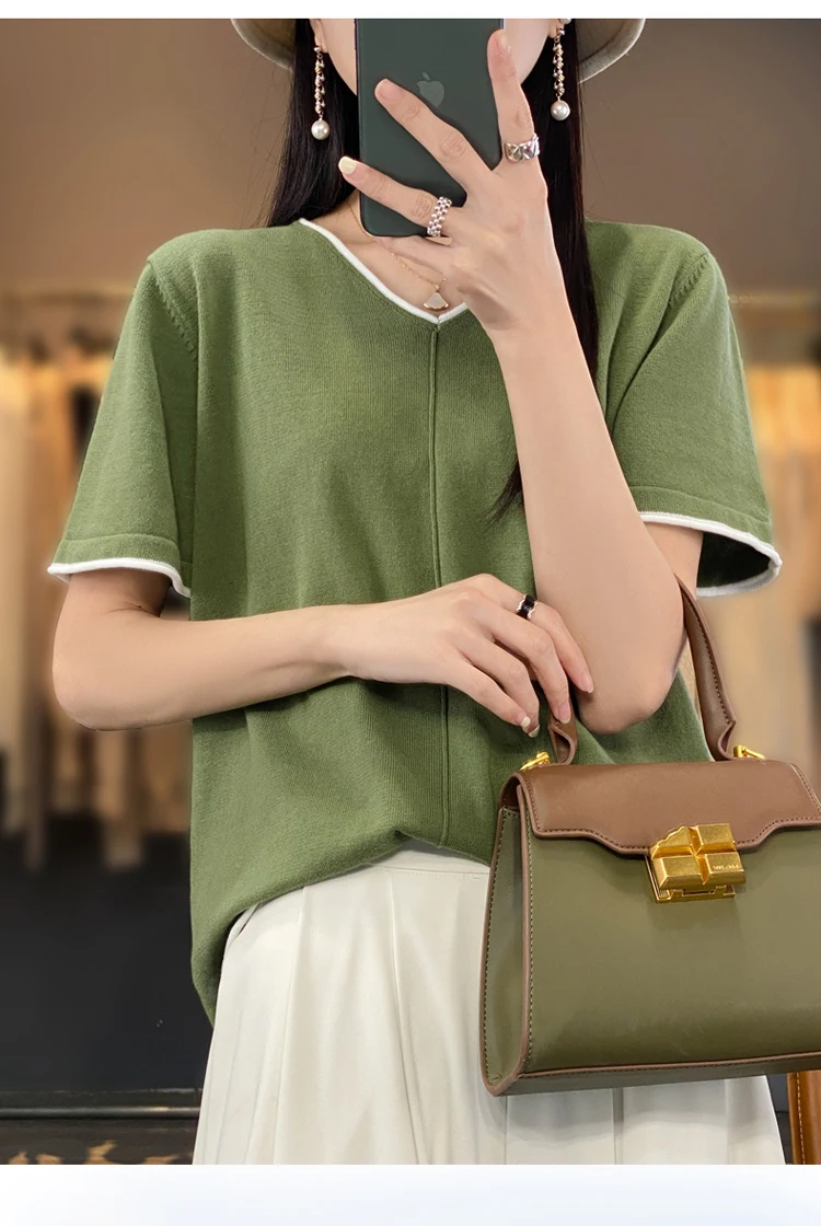 100% Cotton T-Shirt Women's V-Neck Pullover Short Sleeve Summer New Casual Knitting Loose Top Fashion Color Contrast T-Shirt