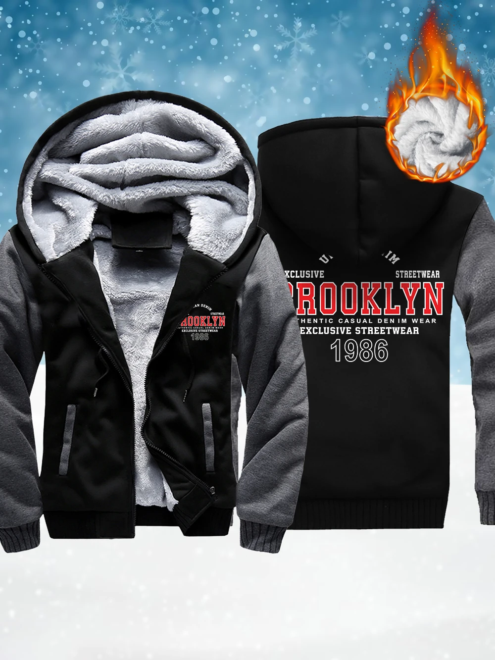 

Brooklyn Letter Simple Prints Men'S Thicken Outerwear Winter Thermal Zipper Coats Fleece Warm Windproof Jackets Mens Clothes