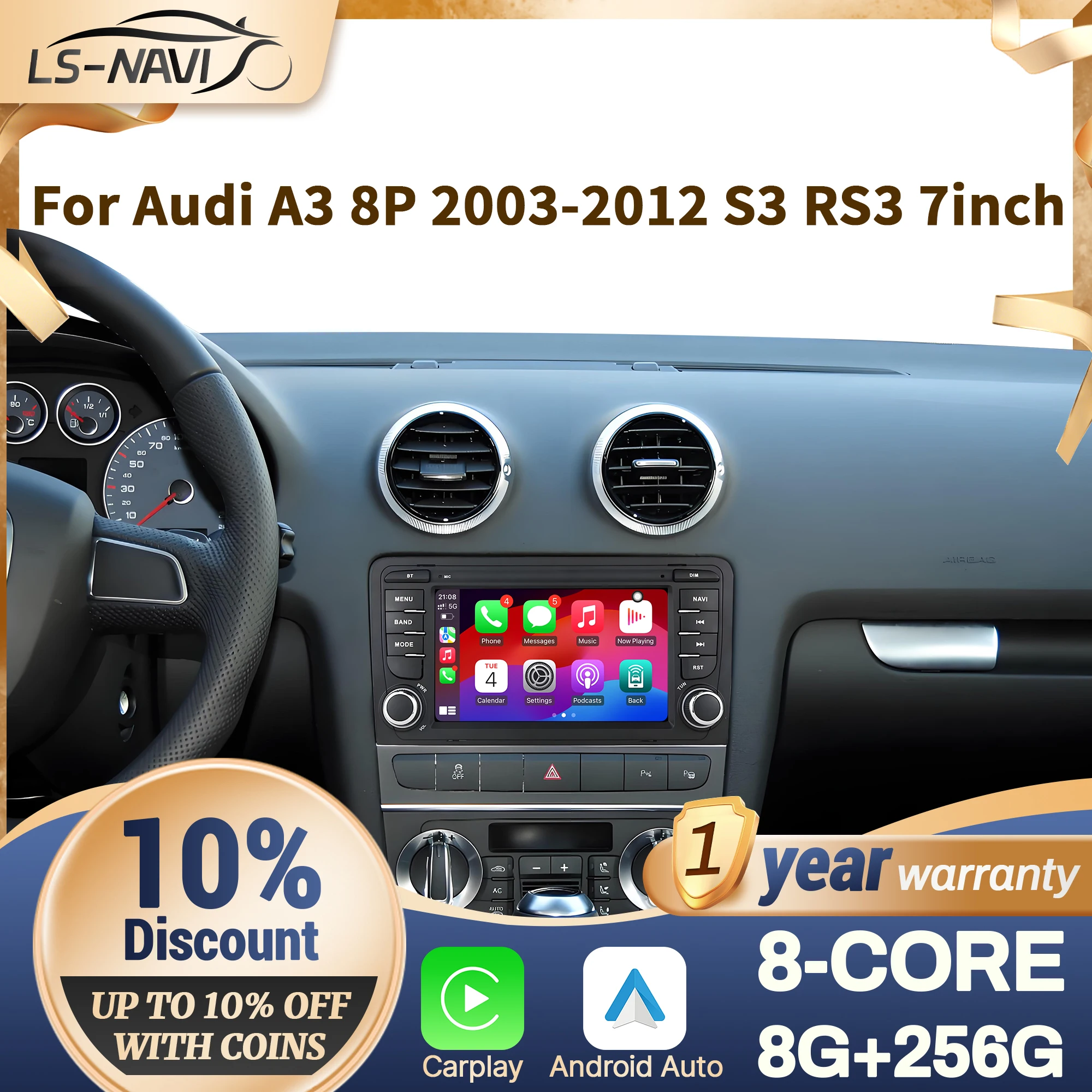 

7 Inch Car Radio for Audi A3 8P 2003-2012 S3 RS3 with Wireless Bluetooth CarPlay Android 14 Multimedia 7862 Touch Screen