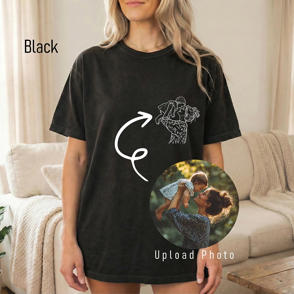 

Classic Short T Shirt Custom T Shirt Mom Photo Outline Sketch Print Male Daily Casual Outfit Mather Dedicated Festival Gift