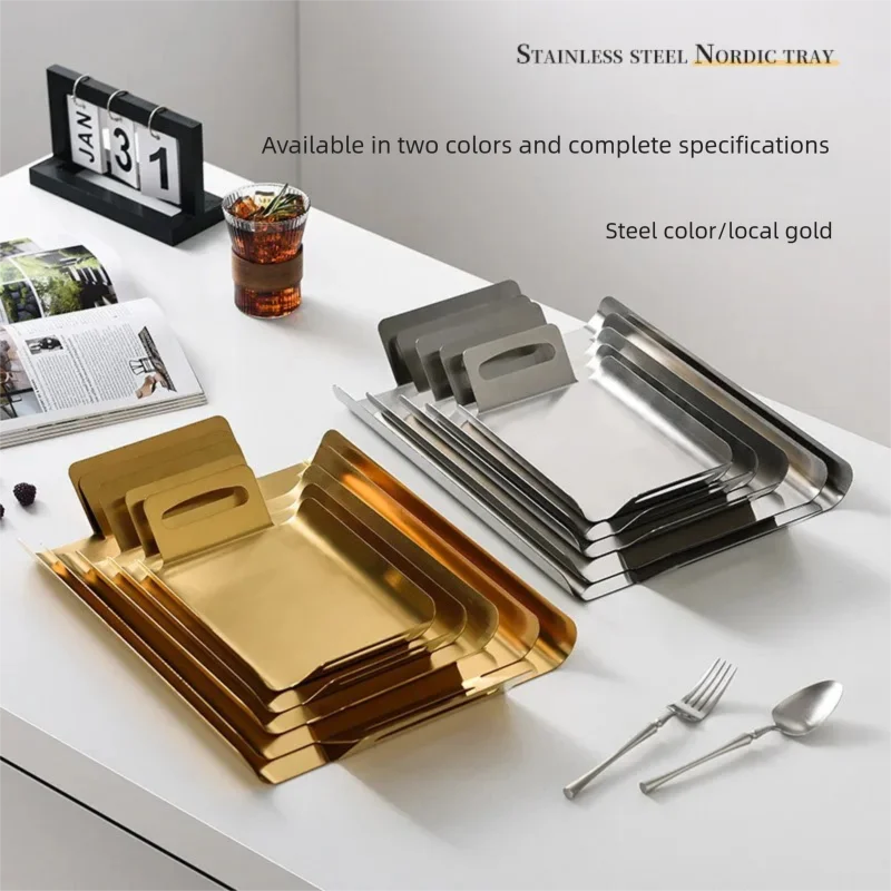 Stainless Steel Nordic Serving Tray Coffee Shop Hotel Tea Tray Restaurant Platter Double Handle Wholesale Multiple Sizes