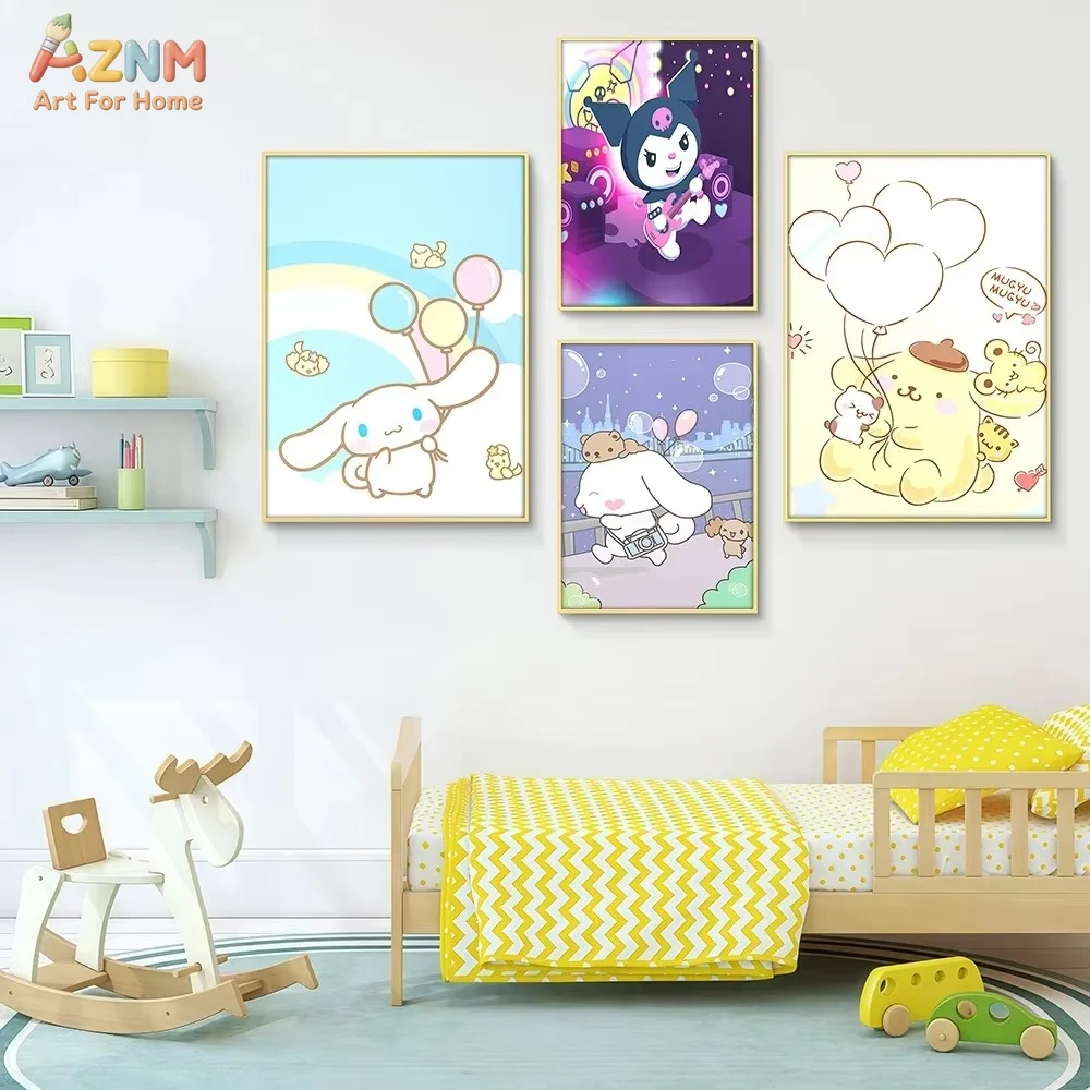 AZNM Cinnamoroll Kuromi Pompompurin Canvas Print Frameless Wall Art Sanrio Rainbow Balloon Cute Cartoon Poster Kids Room Decor P