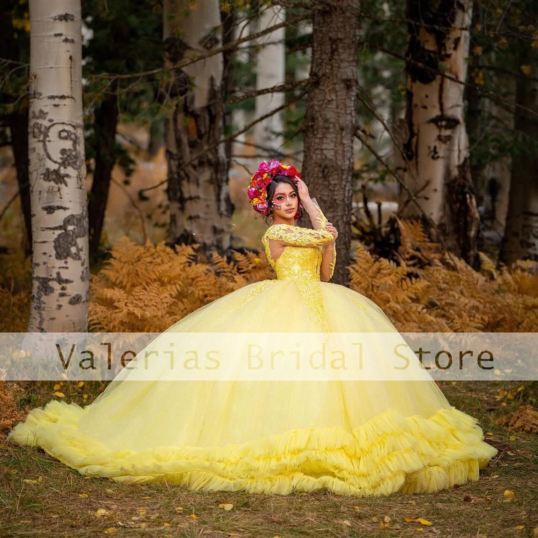 Vestido de baile amarelo com babados, Vestidos Quinceanera, Camadas, Sweet 16, Festa de Aniversário, Vestido de Formatura, Apliques, Robe de Soiree