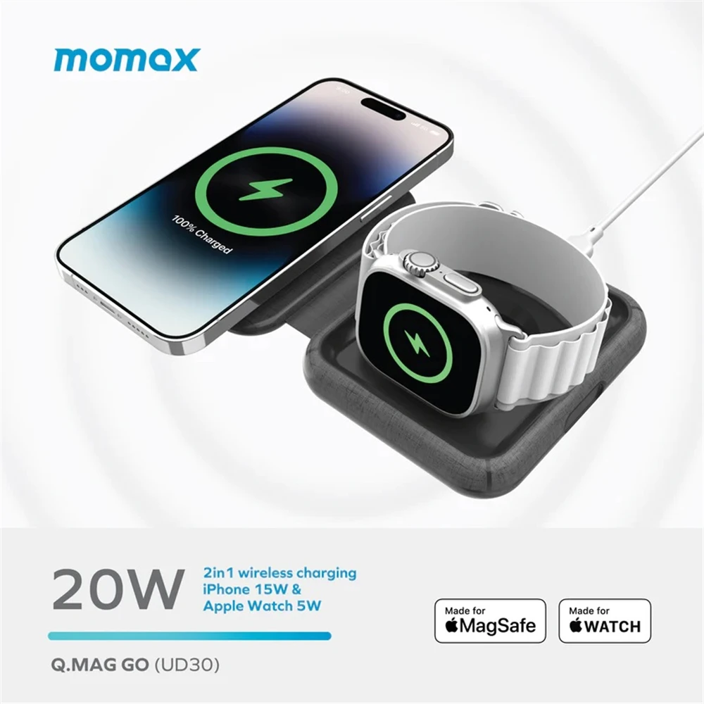 MOMAX Q Mag Go Folding MageSafe 2 in 1 Wireless Charger Magnetic Charging Station Compatible for iPhone Airpods Apple Watch