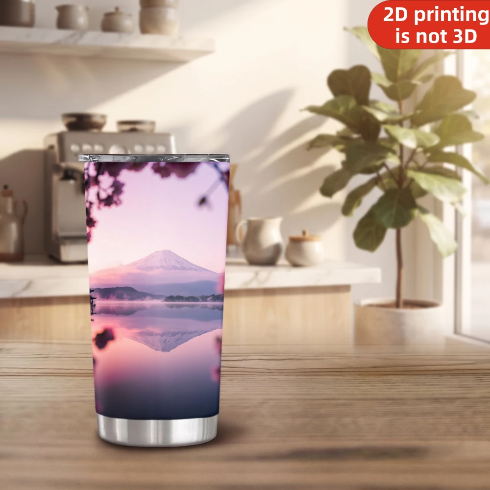 20oz Mount Fuji Cherry Blossom Printed Stainless Steel Tumbler with Lid and Straw, Japanese Sakura Lake Reflection Sunrise Landscape Vacuum Insulated Travel Coffee Mug Gifts for Women