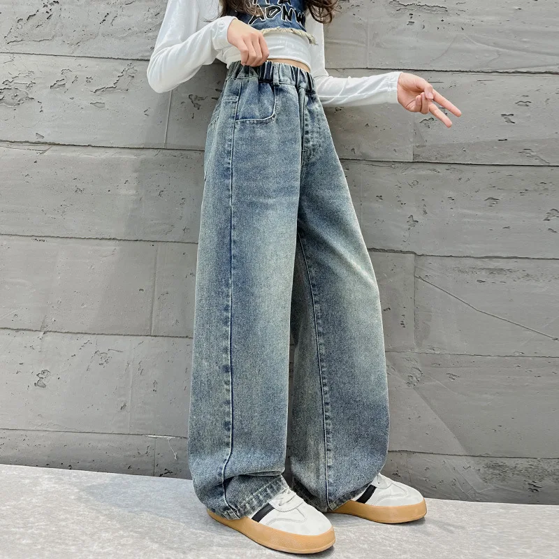 Girl\'s Denim Wide Leg Pants Spring and Autumn Jeans 2024 New Trendy Stylish Children\'s loose Pockets Slimming Straight leg Pants