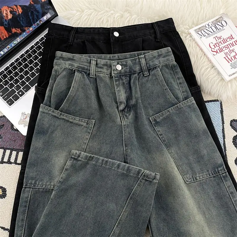 

Casual Vintage High Street Men's Workwear Denim Pants Multiple kets Wide Leg Loose Straight Long Trousers Spring Faion
