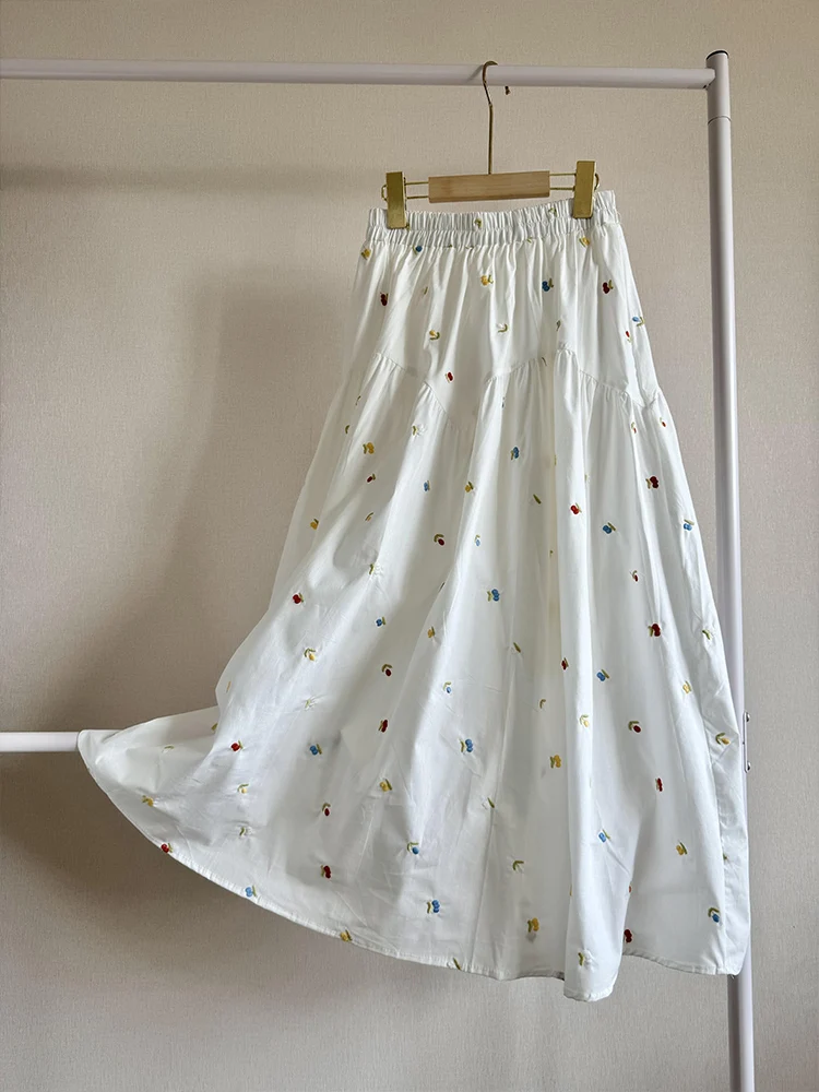 Coréen doux Sle broderie florale blanc f jupe femmes été réduction de l'âge taille haute mince a-ligne parapluie jupe longue D...