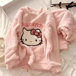 Sanrio Hello Kitty Cartoon Pajama Set Kawaii Autumn Winter Indoor Thicken Warm Soft Comfortable Home Clothes Girl Pajama Set