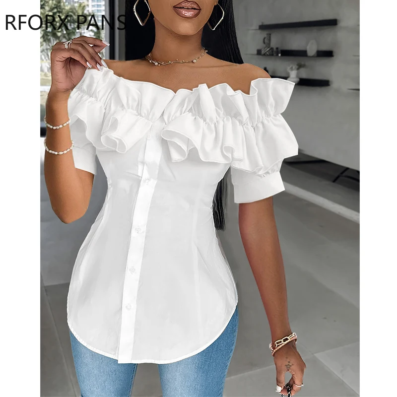 2024 Women Buttoned Ruffles Asymmetrical Hem Top