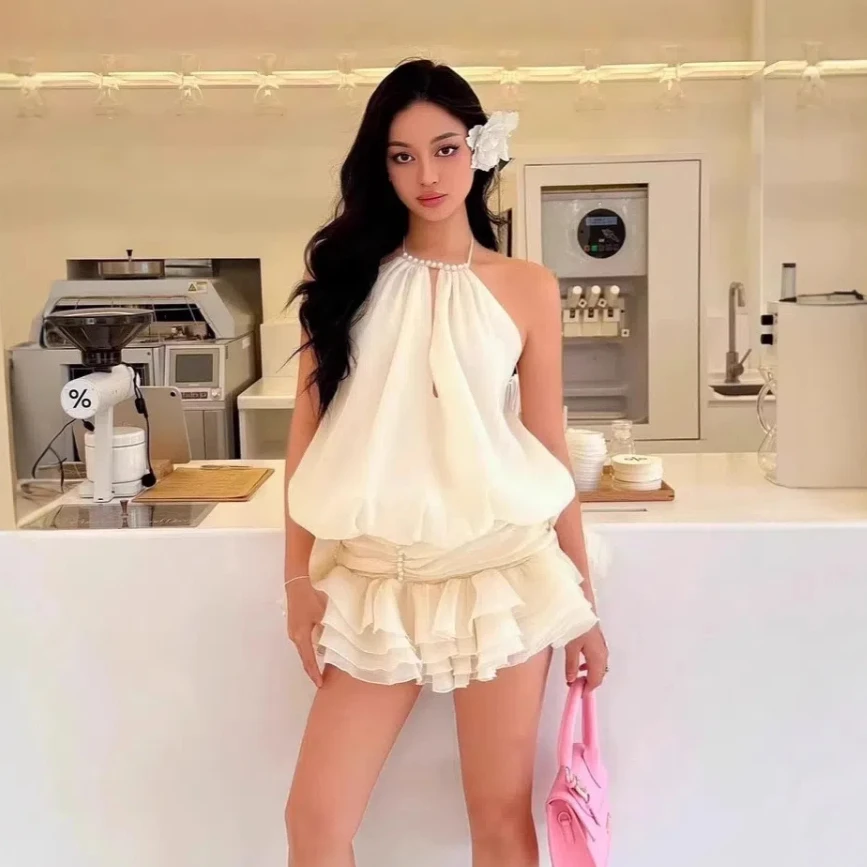 

Women's Sexy Halter Backless Top + Low Waist Ruffle Skirts Sets Casual Holiday Two-piece Set Fashion Celebrity Club Party Wear