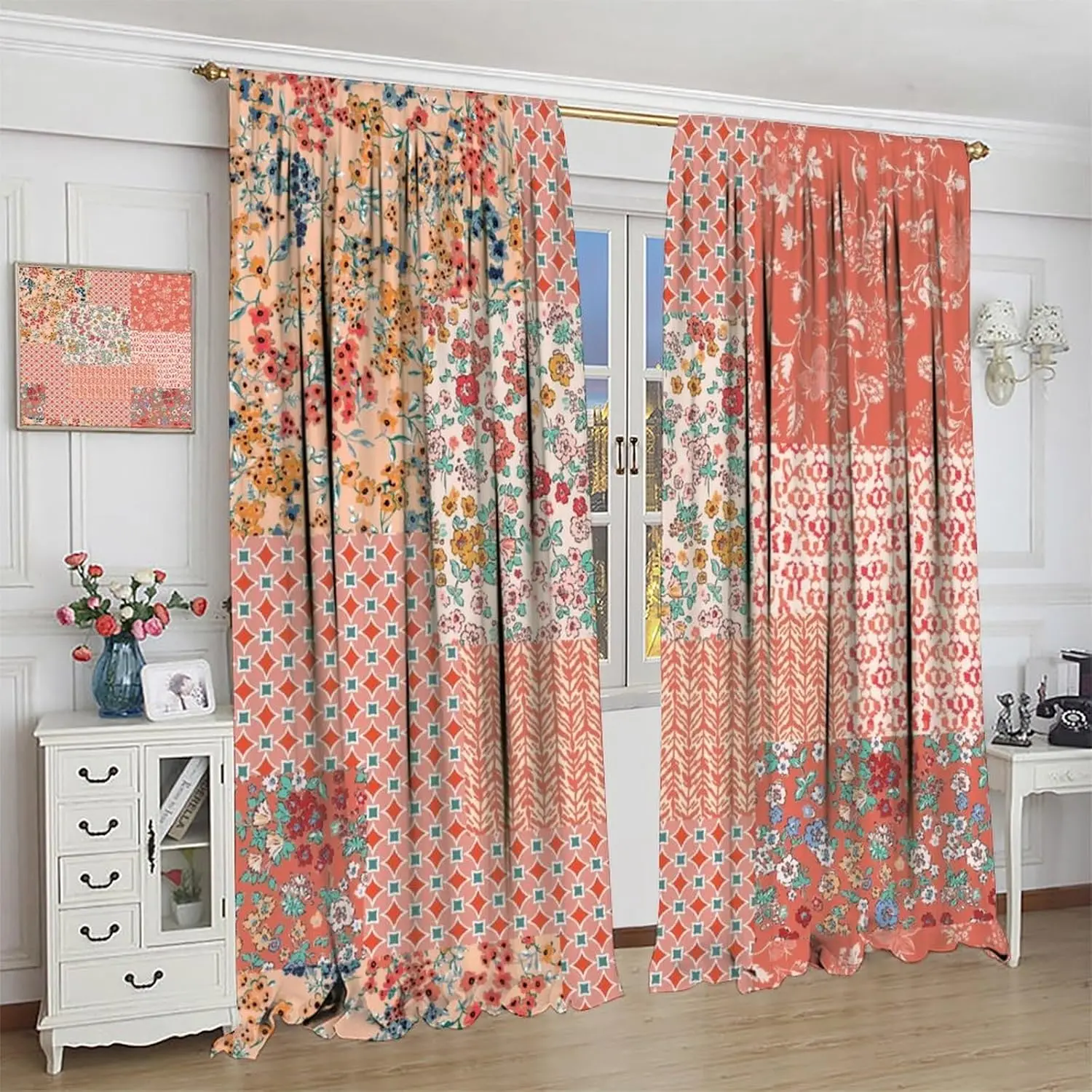 Boho Patchwork Curtains Colorful Vintage Rustic Splicing Wildflower Farmhouse Country Girls Women Bedroom Living Room Rod Pocket