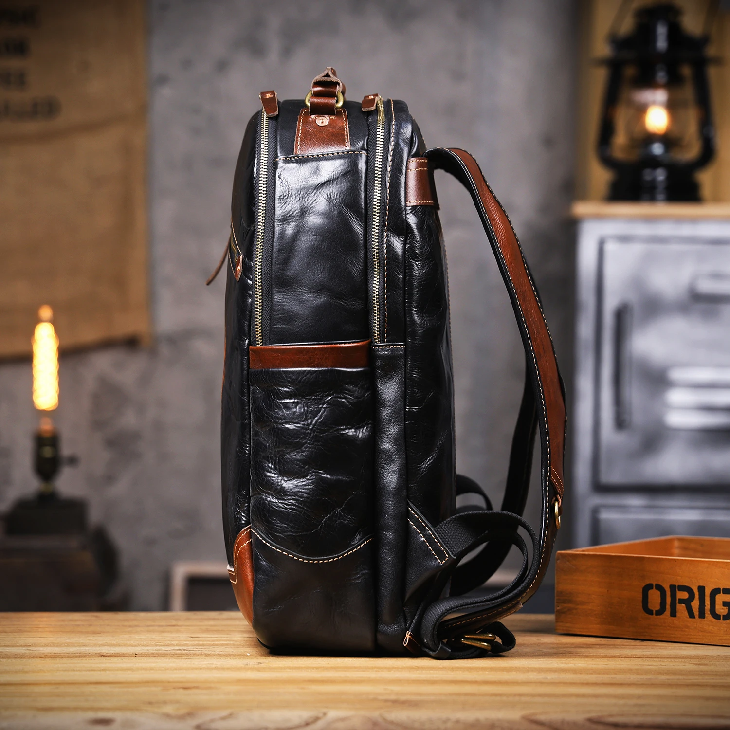 S.WORKER Herren-Rucksack aus echtem Leder, hochwertiges Rindsleder, lässige Schultaschen, 15"-Laptop-Taschen, Reise-Tagesrucksack, Geschenk für Männer – Detail 7