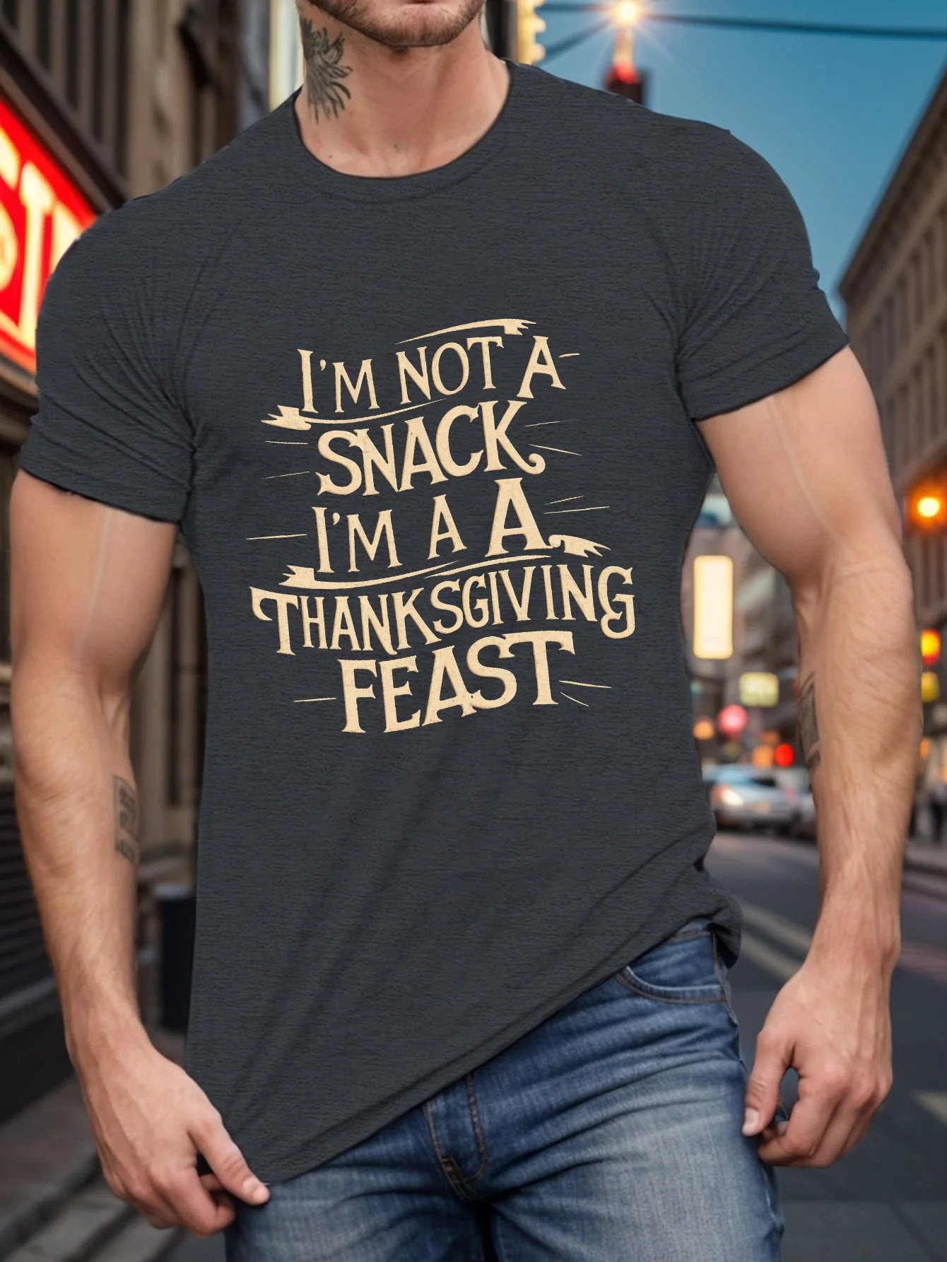 Men'S Plus Size Casual T-Shirt, Thanksgiving Feast Graphic Print, Crew Neck, Short Sleeve, Regular Fit, 100% Polyester Knit Fabr