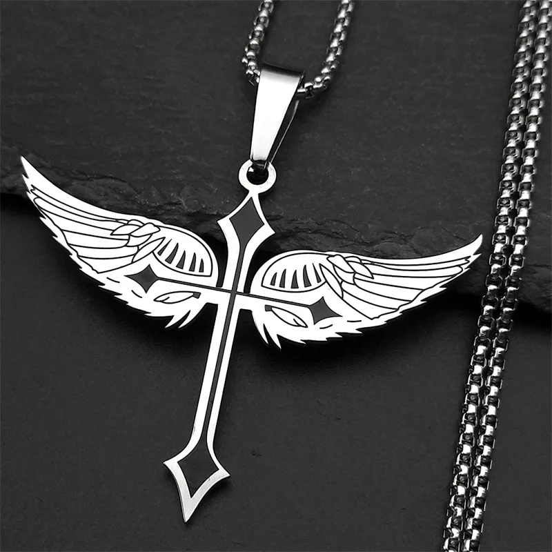 Personalized Angel Wing Cross Christian Pendant Necklace for Women Men Stainless Steel Silver Color Man Chain Faith Jewelry Gift