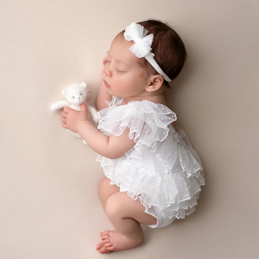 

Baby Girl White Ruffle Romper Newborn Photography Props Bow Headband Tulle Layered Newborn Photo Prop