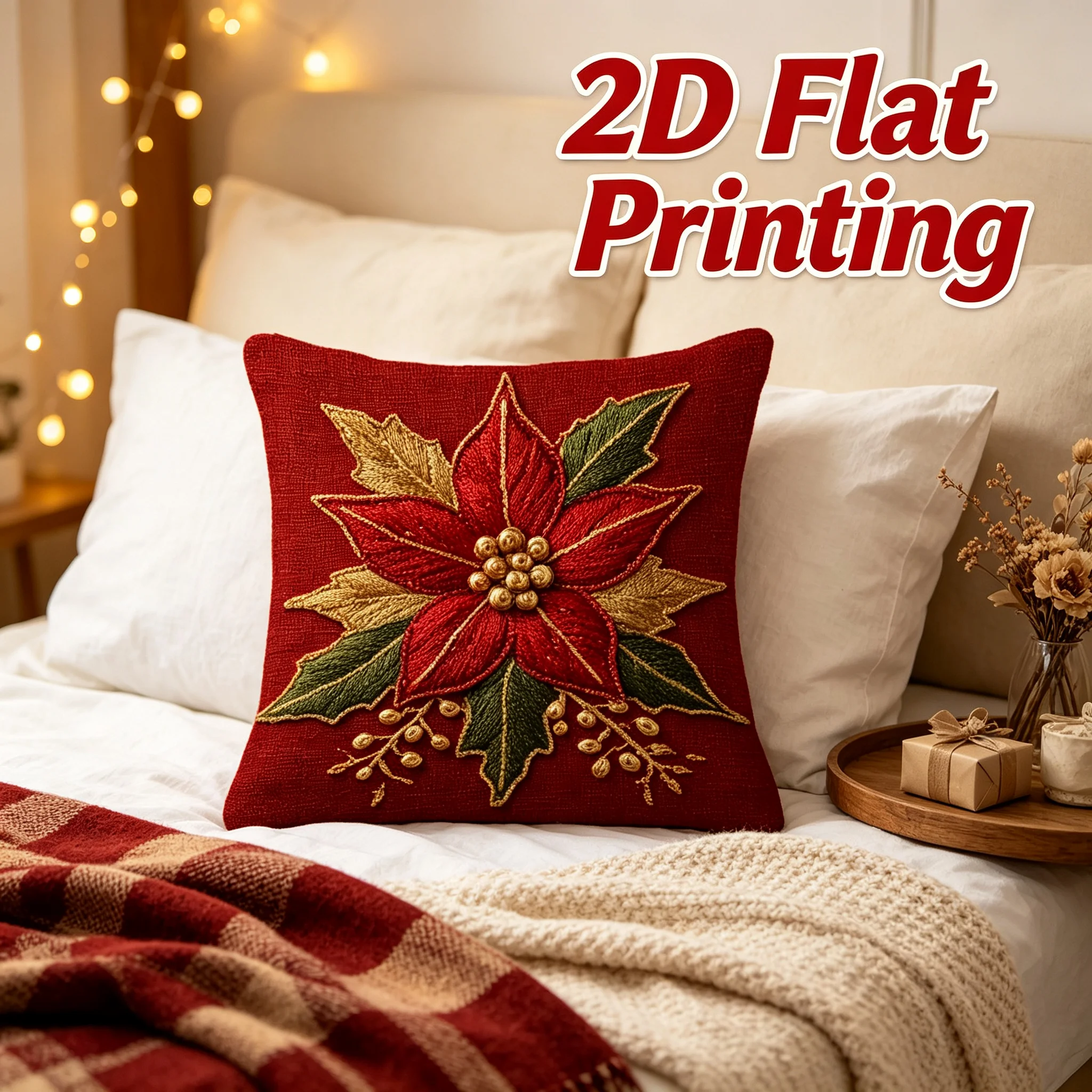2D Flat Printing Christmas Poinsettia Throw Pillow Cover 18x18 Inch Square Cushion Case Double Sided Print Xmas Home Decor