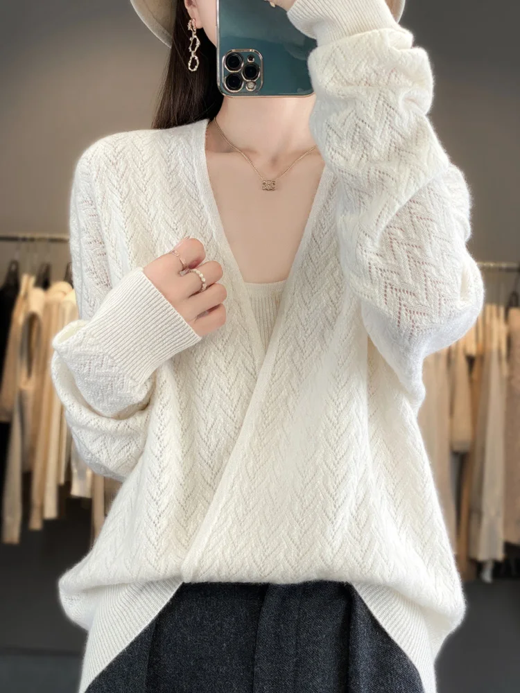 Hollow Out Cashmere Sweater 100% Merino Wool Knitwear Spring Autumn Women V-neck Pullover Office Lady Elegant Soft Comfort Tops