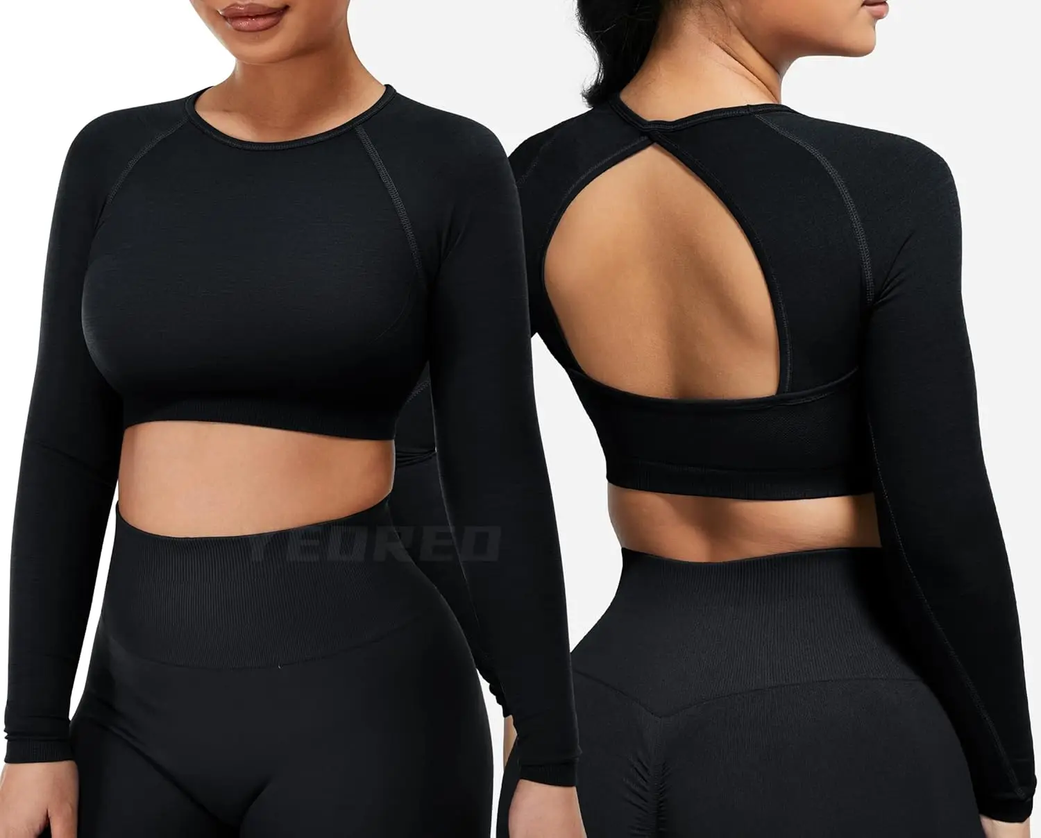 Women Workout Long Sleeve Crop  Seamless Workout Gym Shirts Open Back Tee Yoga Tops