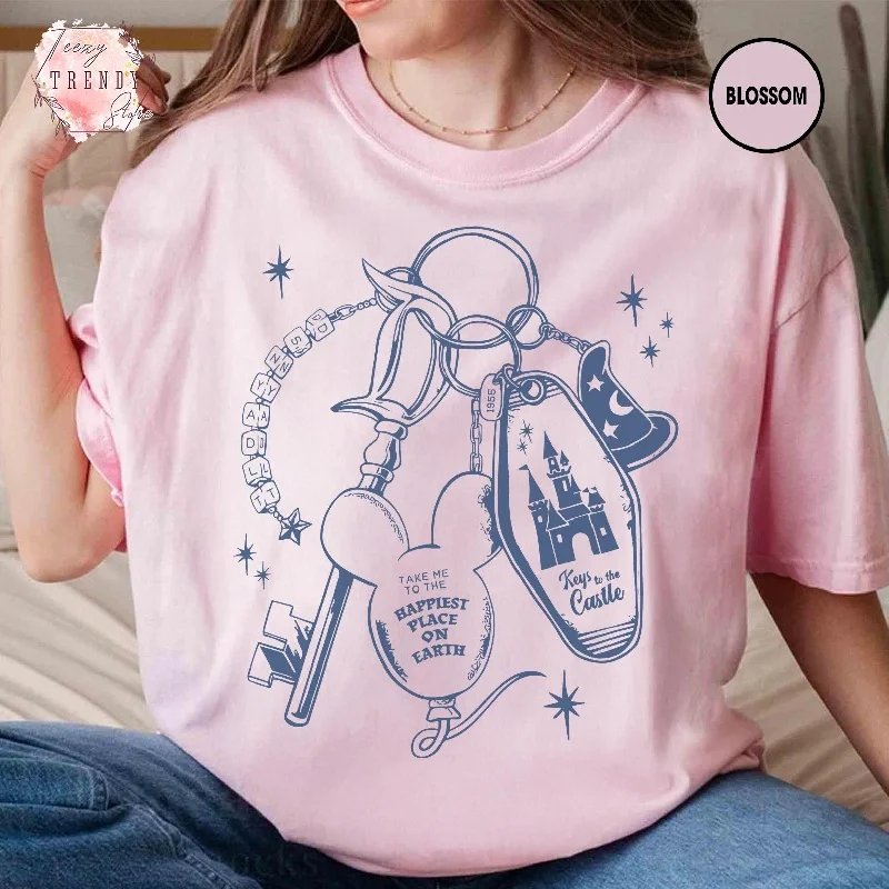 2025-26 Disney100% القطن تي شيرت مطبوع ديزني المفاتيح شخصيات القلعة السحرية تي شيرت خمر s القطن عادية عطلة #1