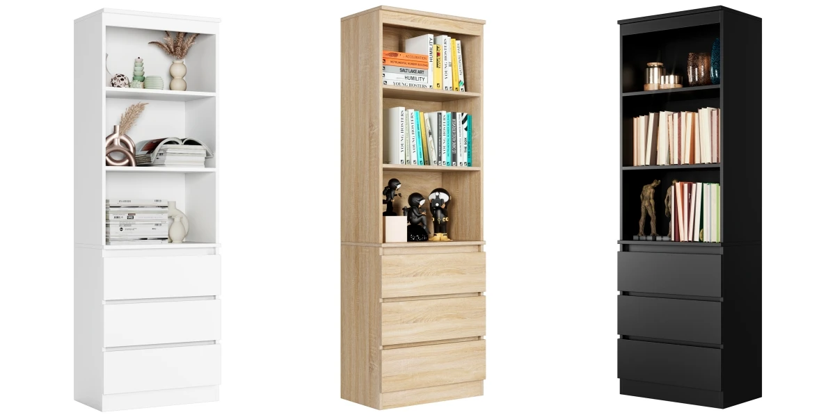 Getone Tall Bookcase, Living Room Bookshelf with 3 Drawers and 3 Shelves, Freestanding Storage Cupboard Display Cabinet 60x35x180cm White/Black/Oak
